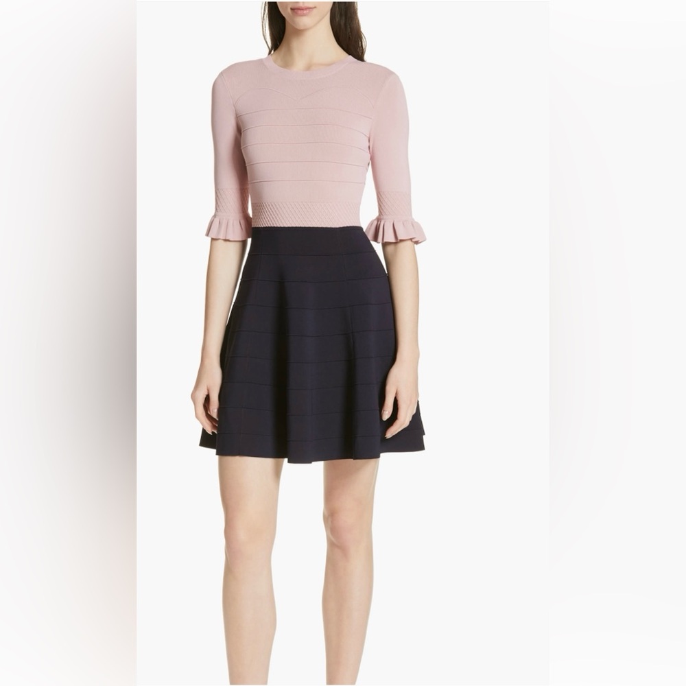 Ted Baker Dyana Frill Knit Dress in Pink/Navy. Size 4 (US size 12 or Large L)